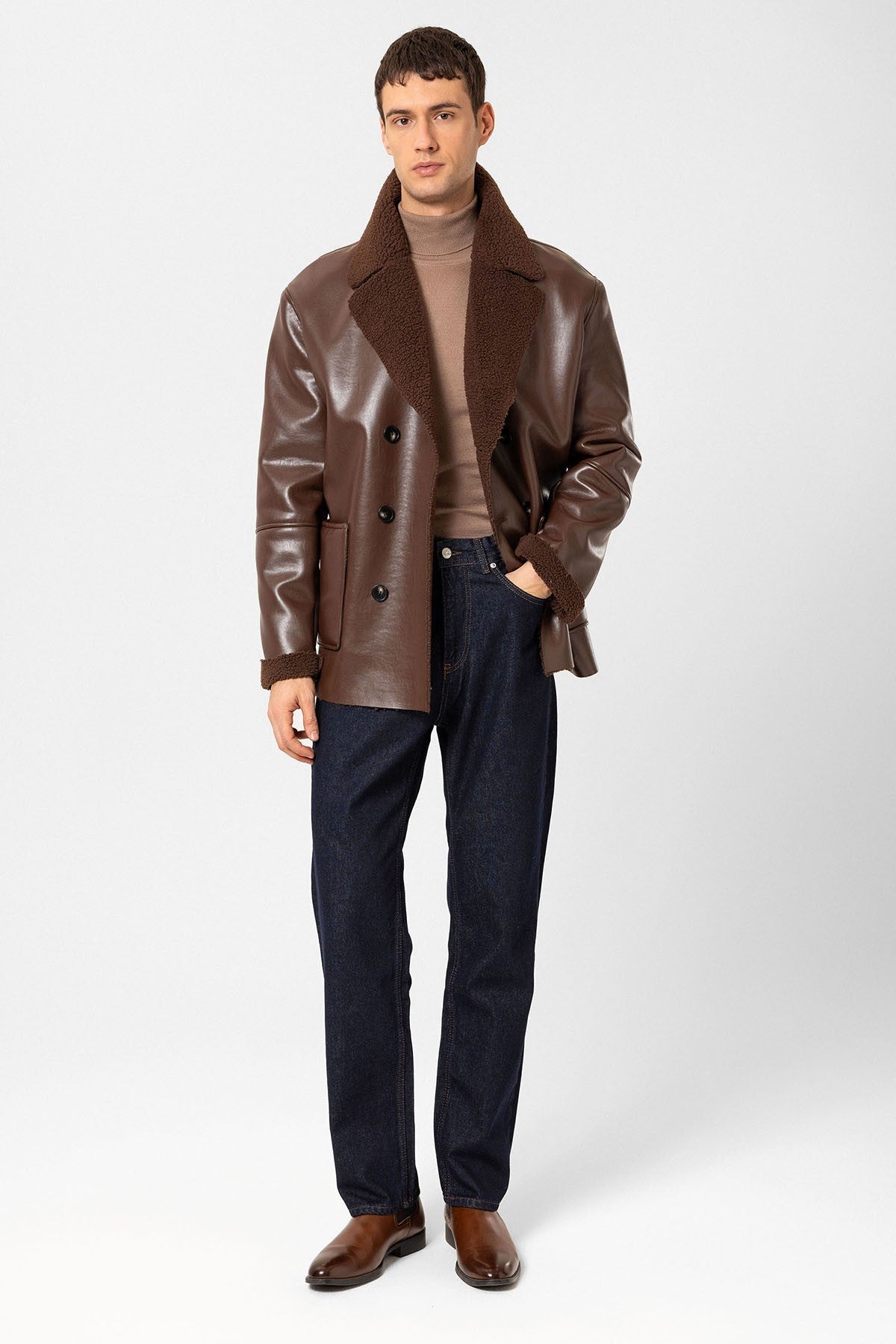 Antioch Astar Detailed Faux Leather Double-Breasted Men's Coat