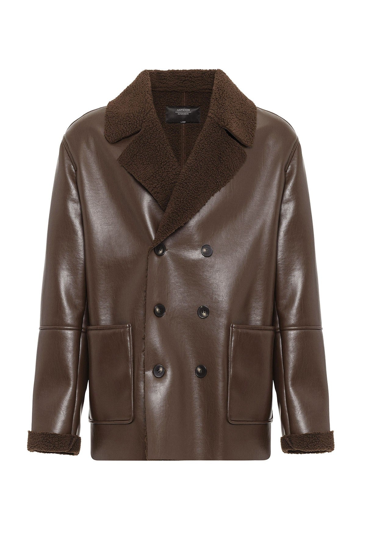 Antioch Astar Detailed Faux Leather Double-Breasted Men's Coat