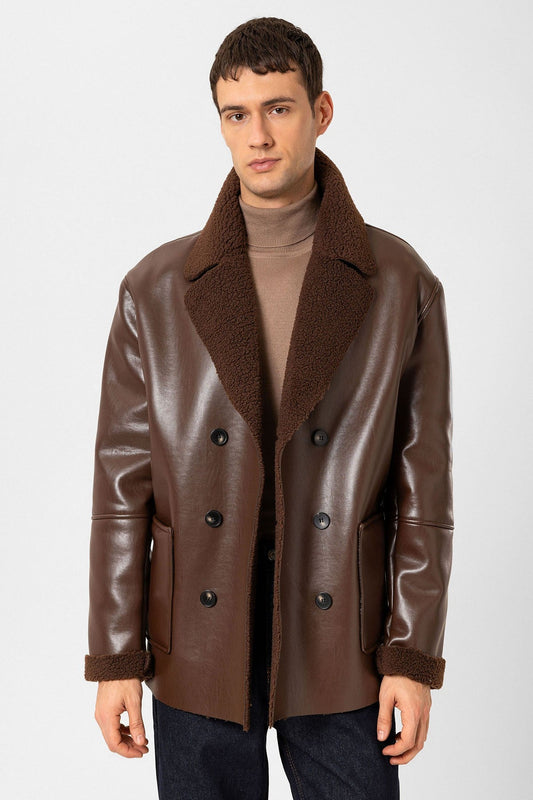 Antioch Astar Detailed Faux Leather Double-Breasted Men's Coat