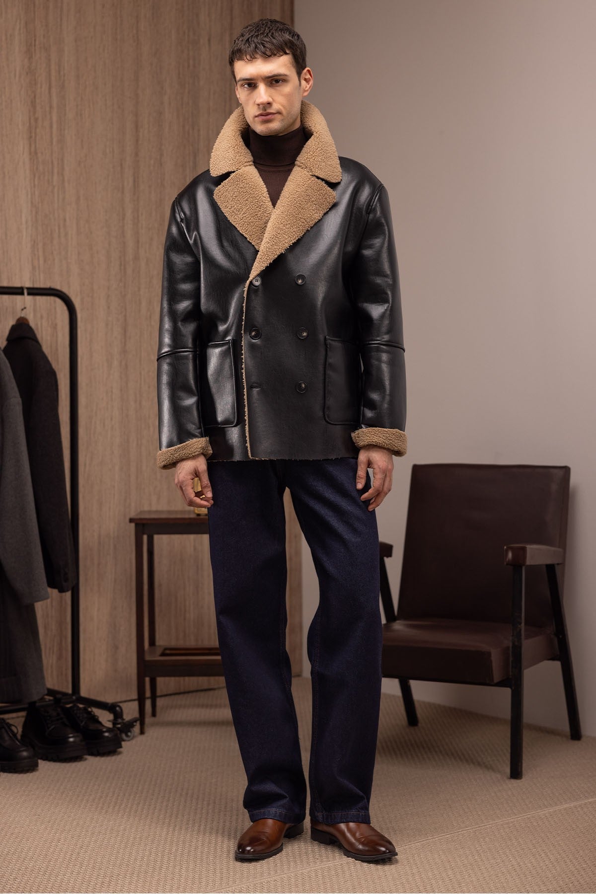 Antioch Astar Detailed Faux Leather Double-Breasted Men's Coat