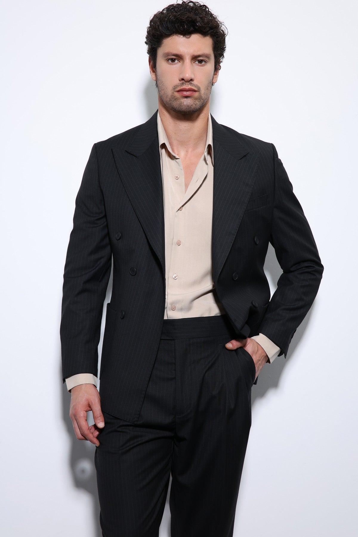 Double-Breasted, Italian-Cut, Wool-Blend Striped Men's Technical Suit