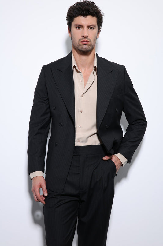 Double-Breasted, Italian-Cut, Wool-Blend Striped Men's Technical Suit