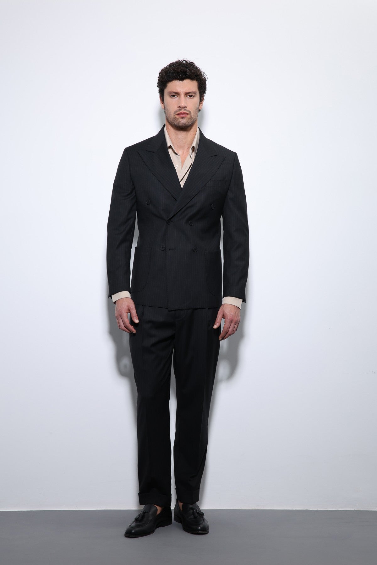 Double-Breasted, Italian-Cut, Wool-Blend Striped Men's Technical Suit