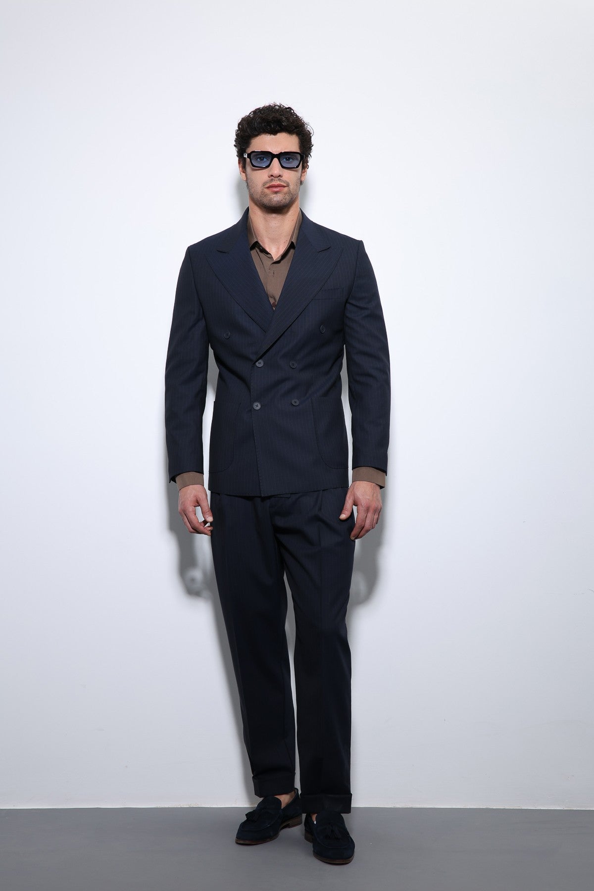Double-Breasted, Italian-Cut, Wool-Blend Striped Men's Technical Suit