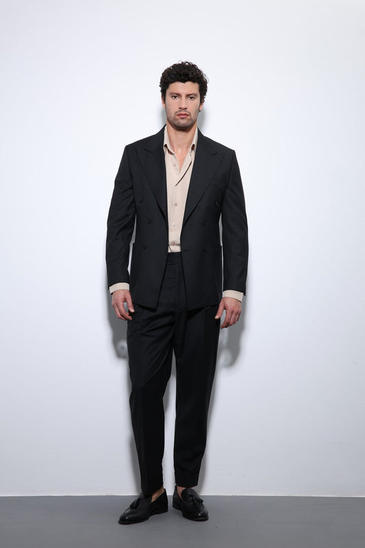Double-Breasted, Italian-Cut, Wool-Blend Striped Men's Technical Suit