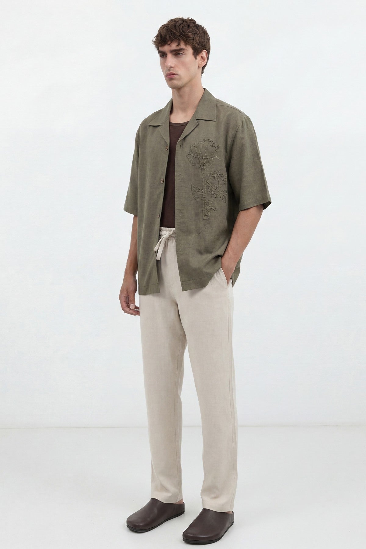 Men's Embroidered Shirt with Linen Blend