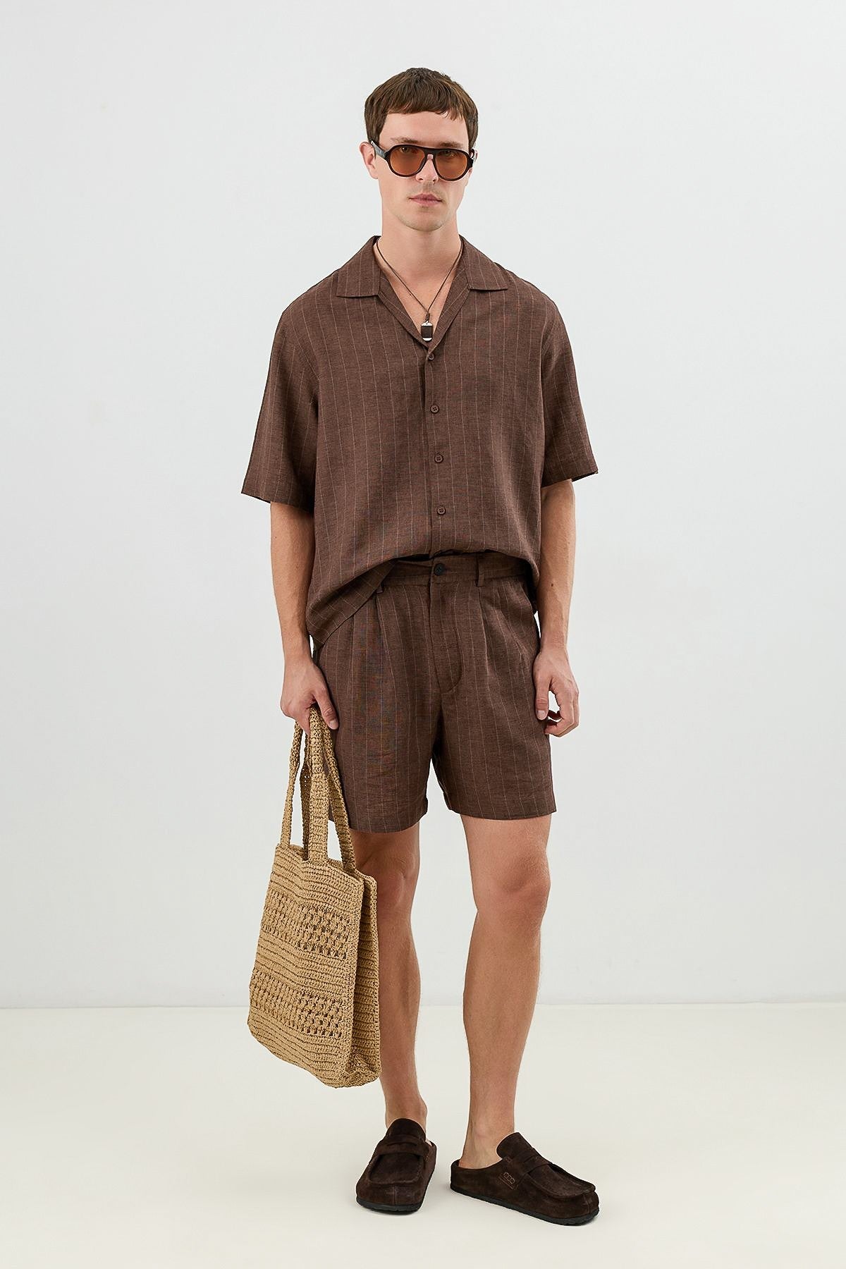 Linen-Blend Striped Pleated Shorts