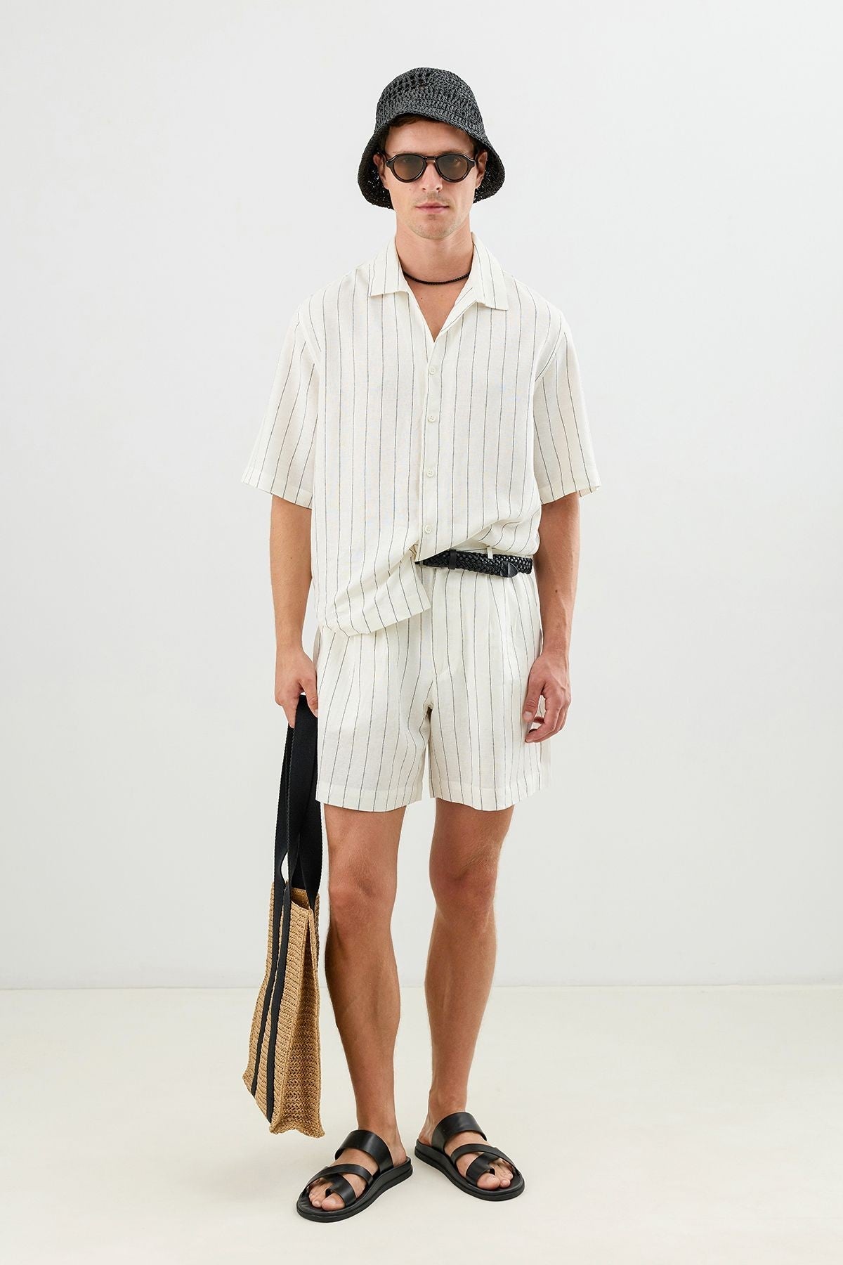 Linen-Blend Striped Pleated Shorts