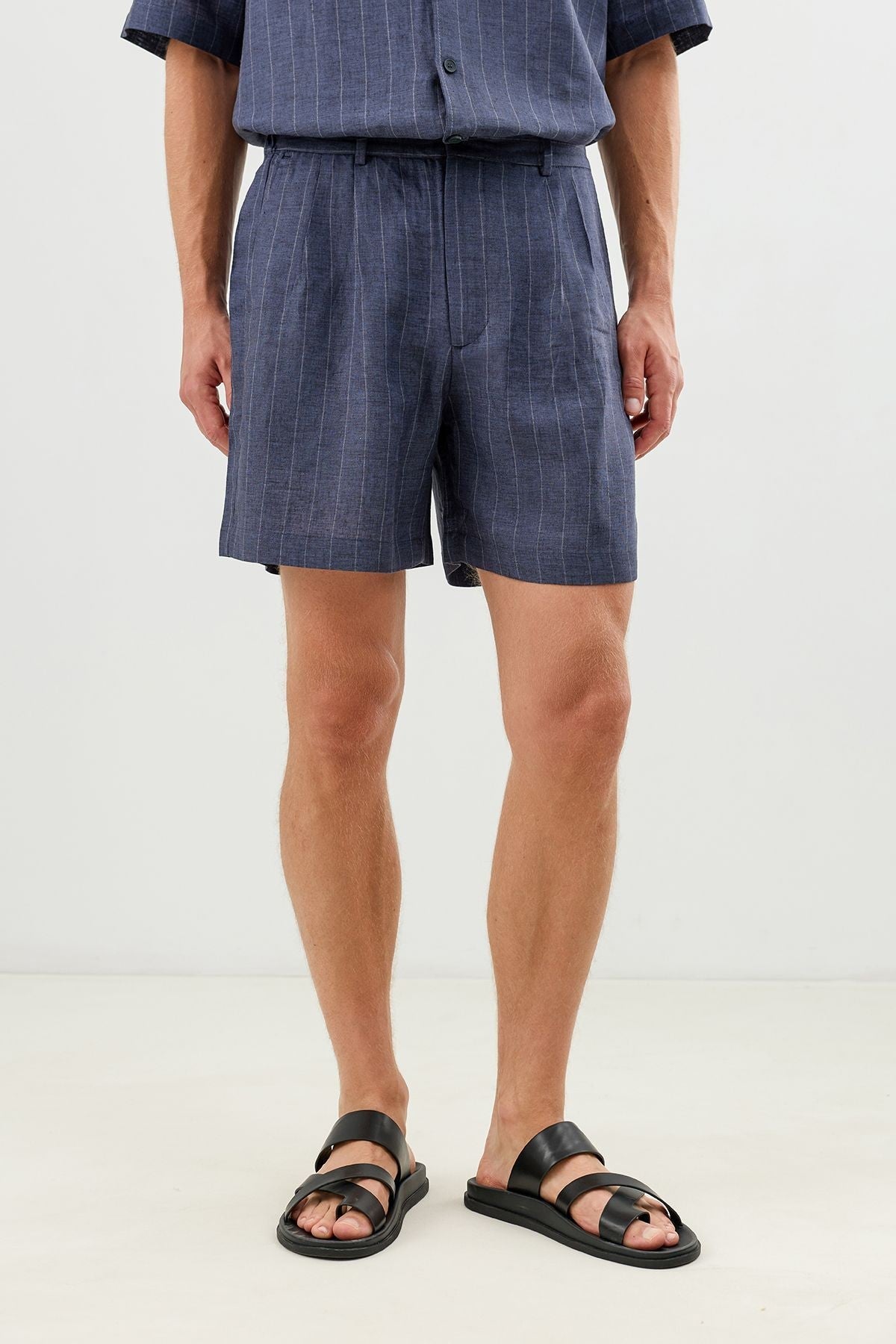 Linen-Blend Striped Pleated Shorts