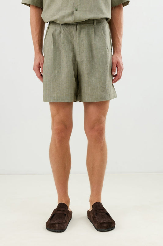 Linen-Blend Striped Pleated Shorts