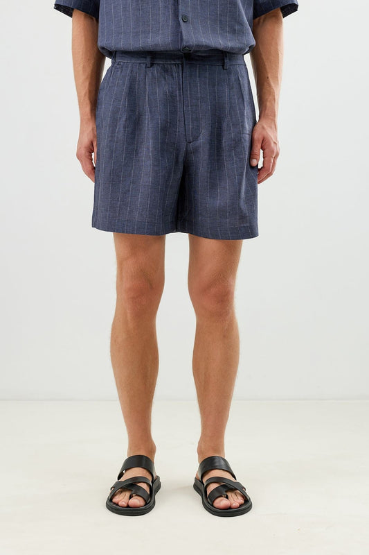 Linen-Blend Striped Pleated Shorts
