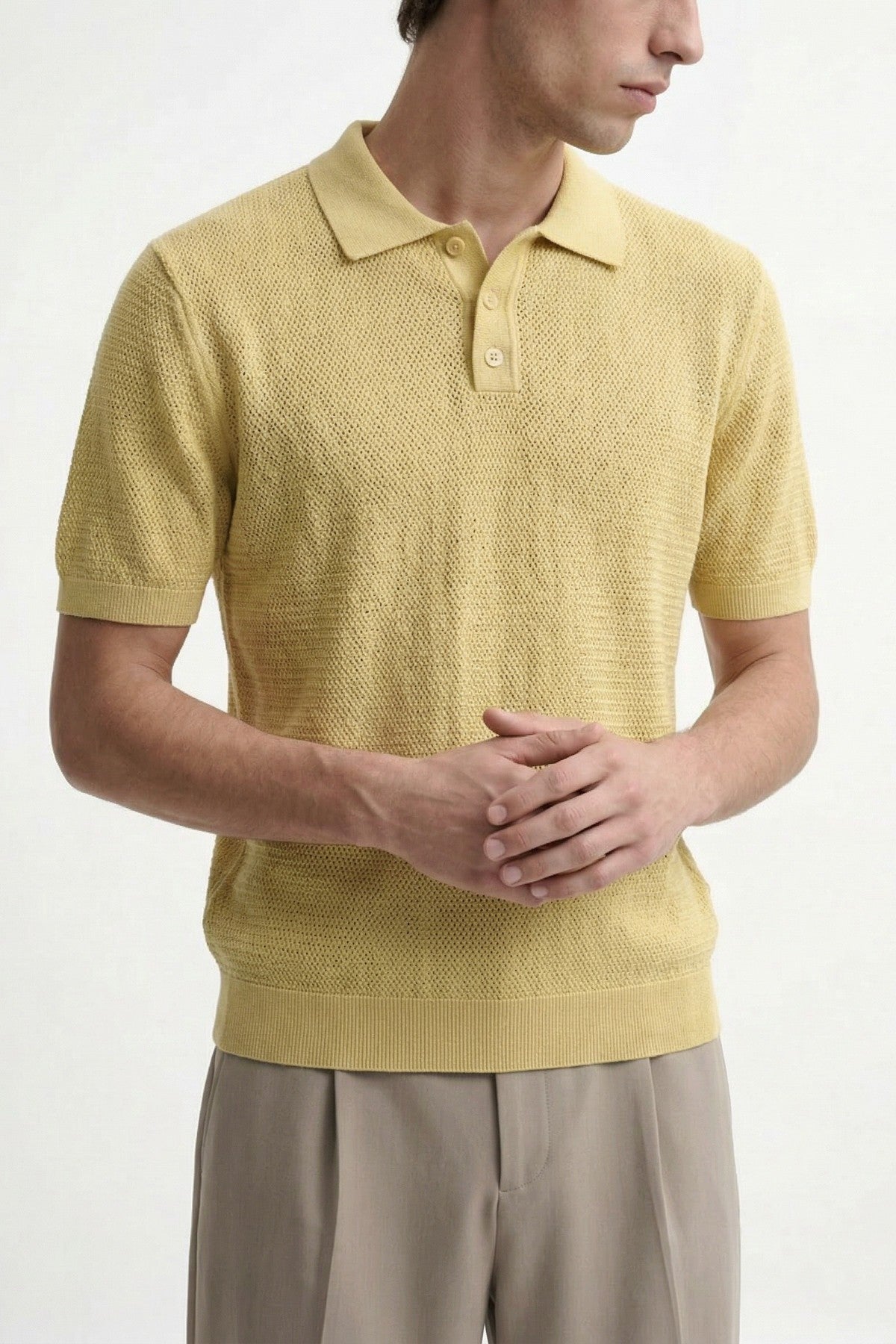 Men's Knitted-Textured Polo-Neck T-Shirt