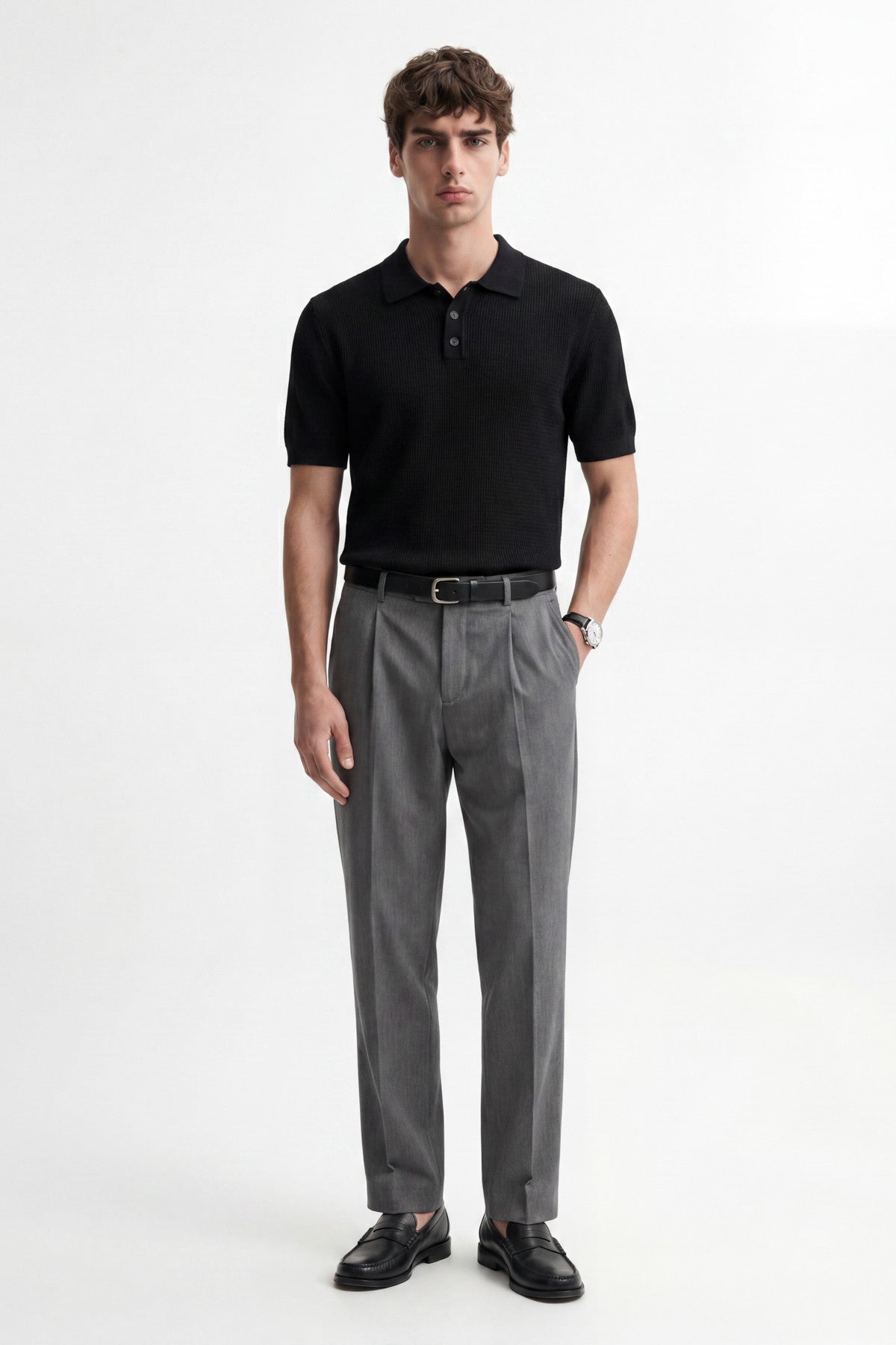 Men's Knitted-Textured Polo-Neck T-Shirt