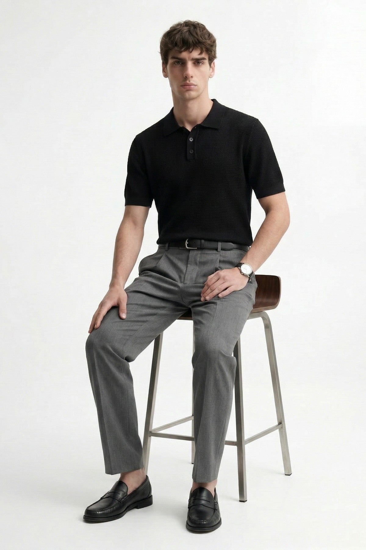 Men's Knitted-Textured Polo-Neck T-Shirt