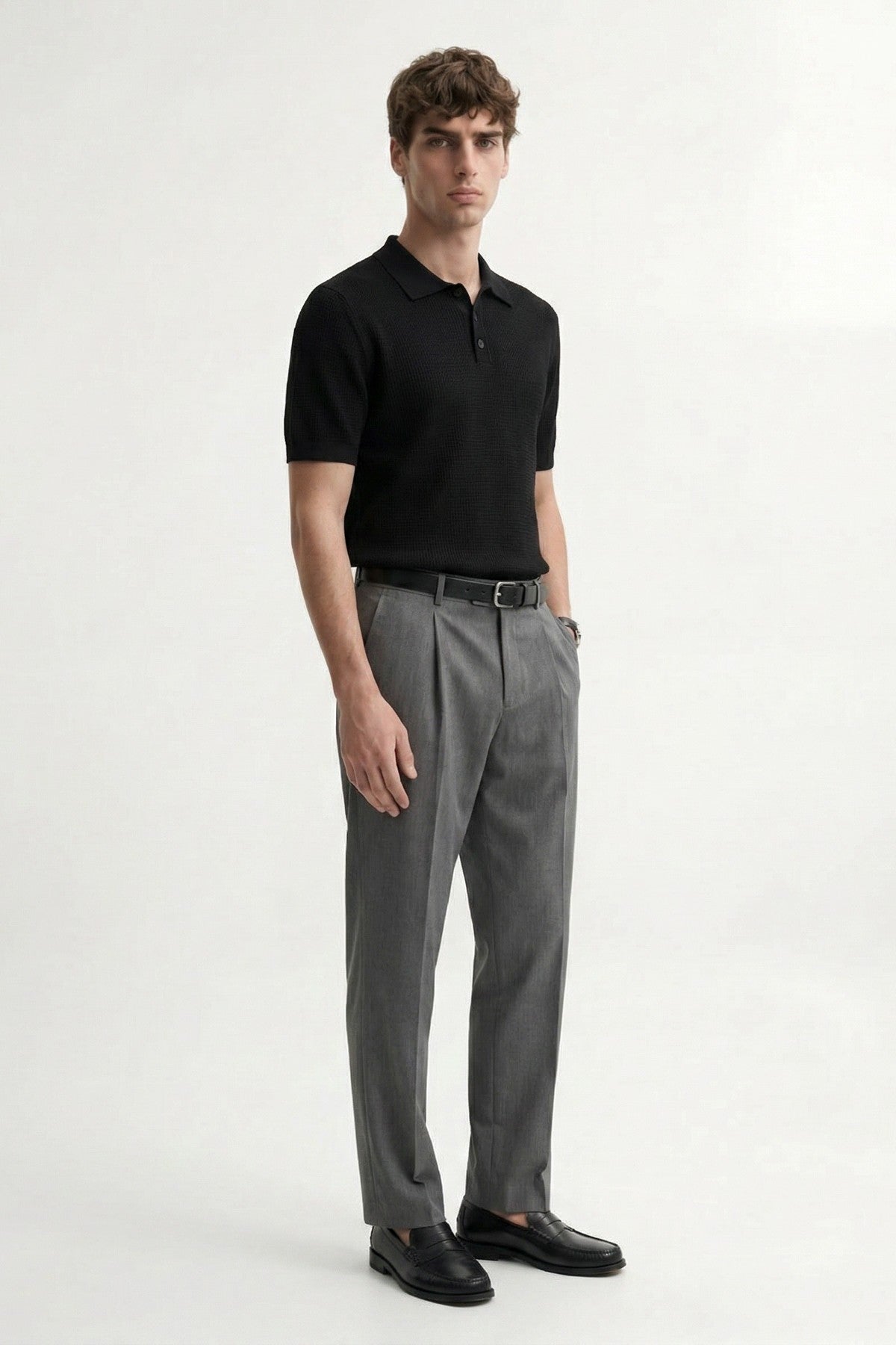 Men's Knitted-Textured Polo-Neck T-Shirt