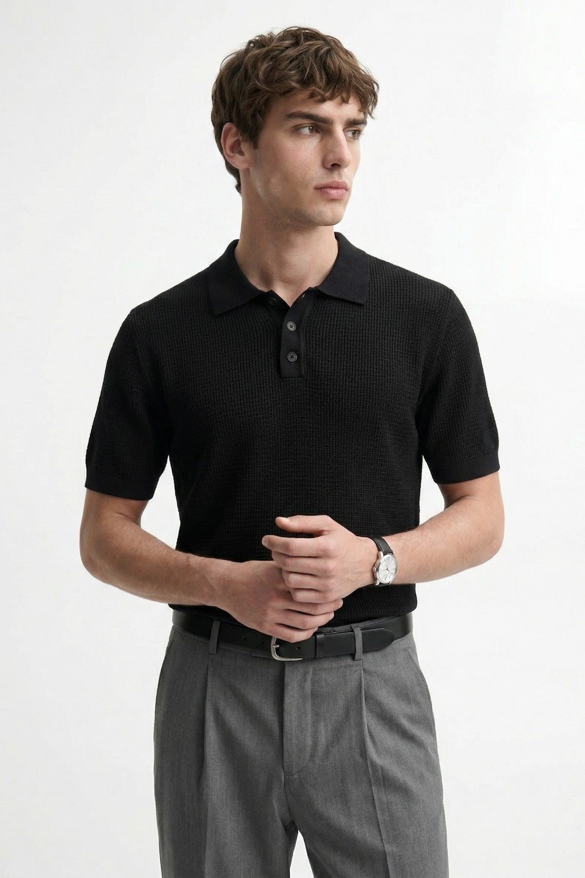 Men's Knitted-Textured Polo-Neck T-Shirt