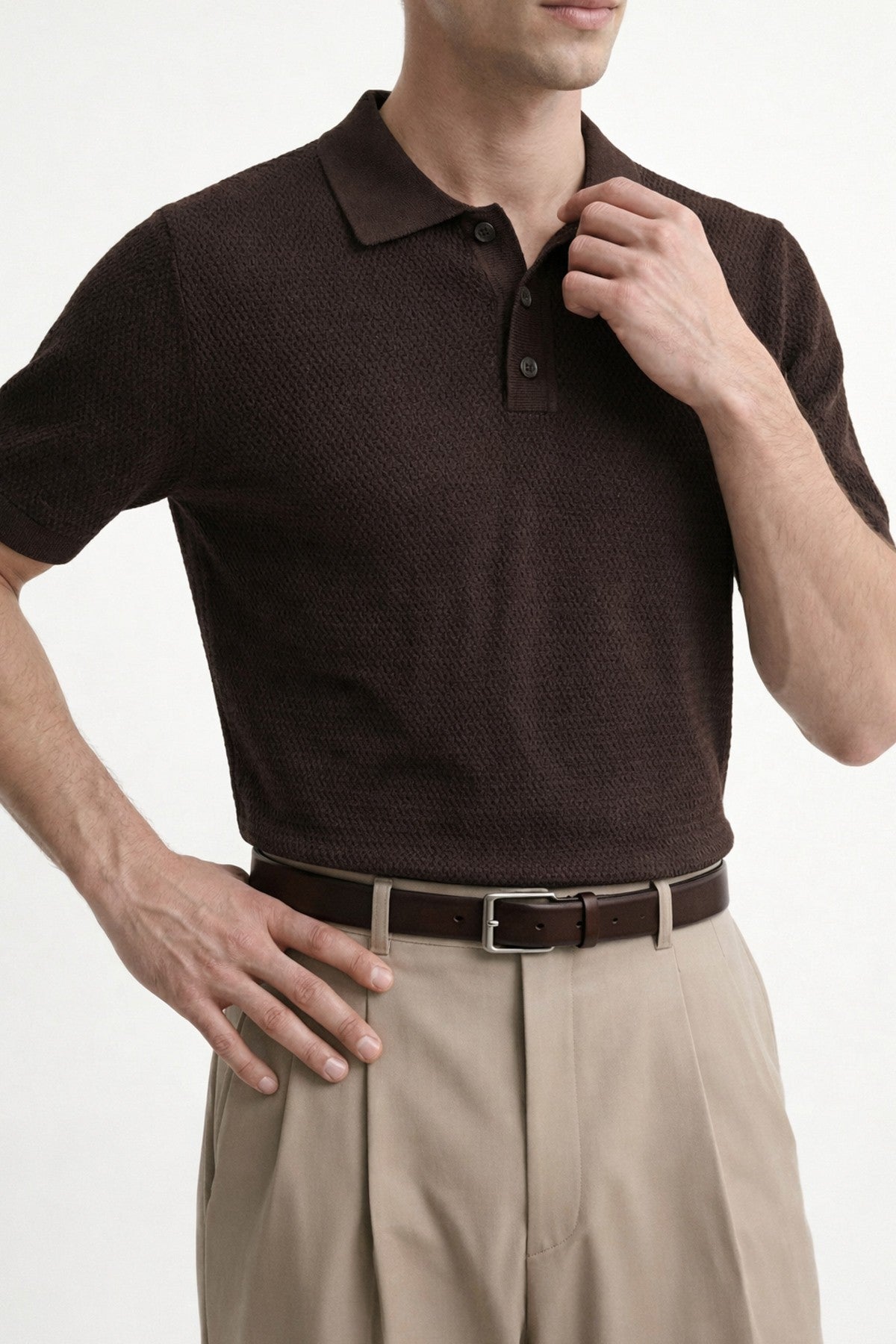 Men's Knitted-Textured Polo-Neck T-Shirt