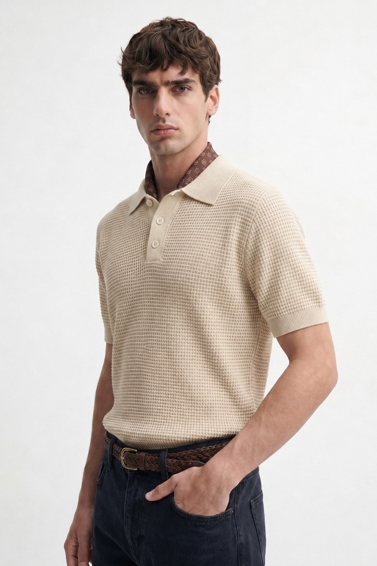 Men's Knitted-Textured Polo-Neck T-Shirt