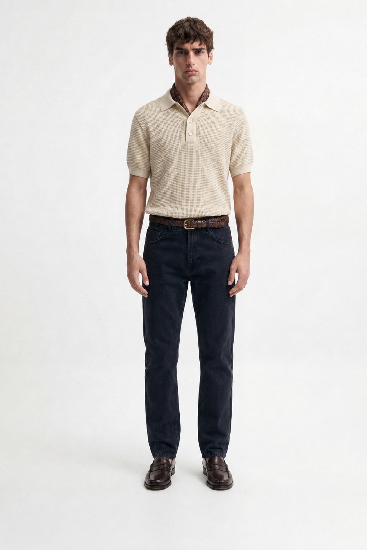 Men's Knitted-Textured Polo-Neck T-Shirt