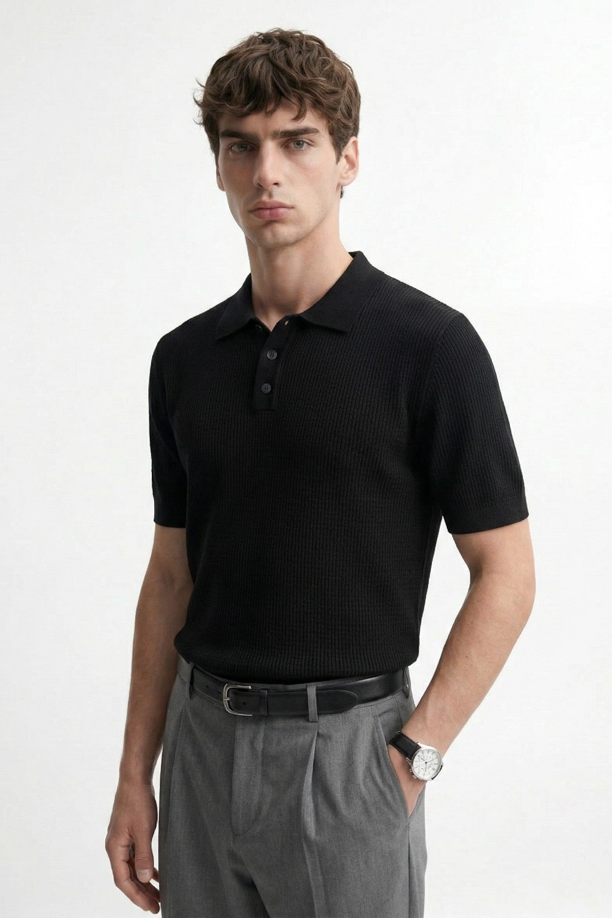 Men's Knitted-Textured Polo-Neck T-Shirt