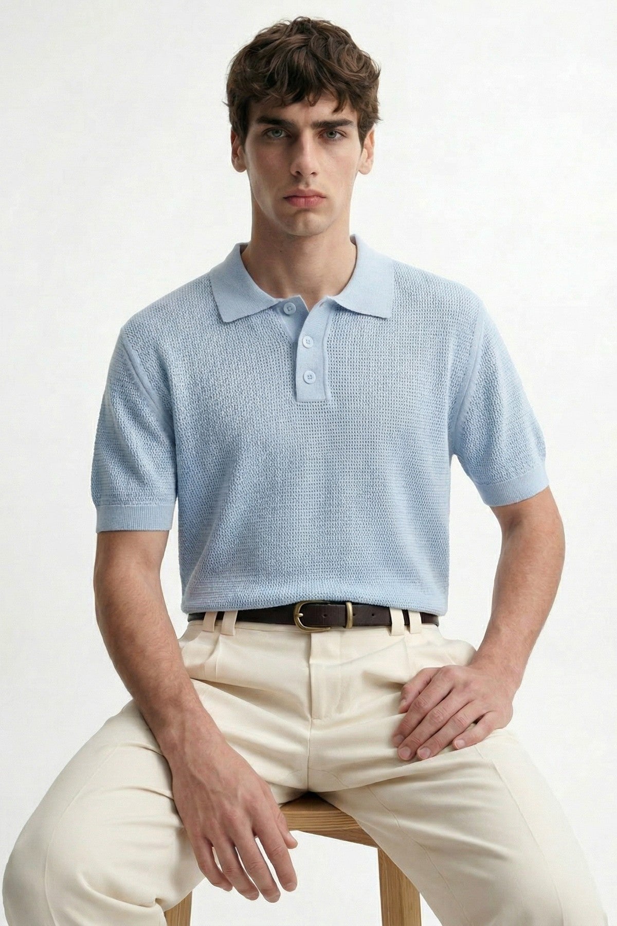 Men's Knitted-Textured Polo-Neck T-Shirt