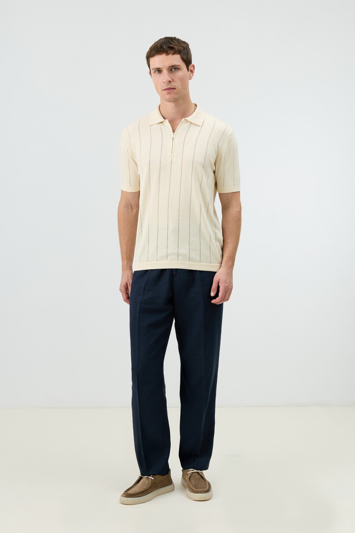Antioch Zip-Up Collar Striped Knit Men's T-Shirt
