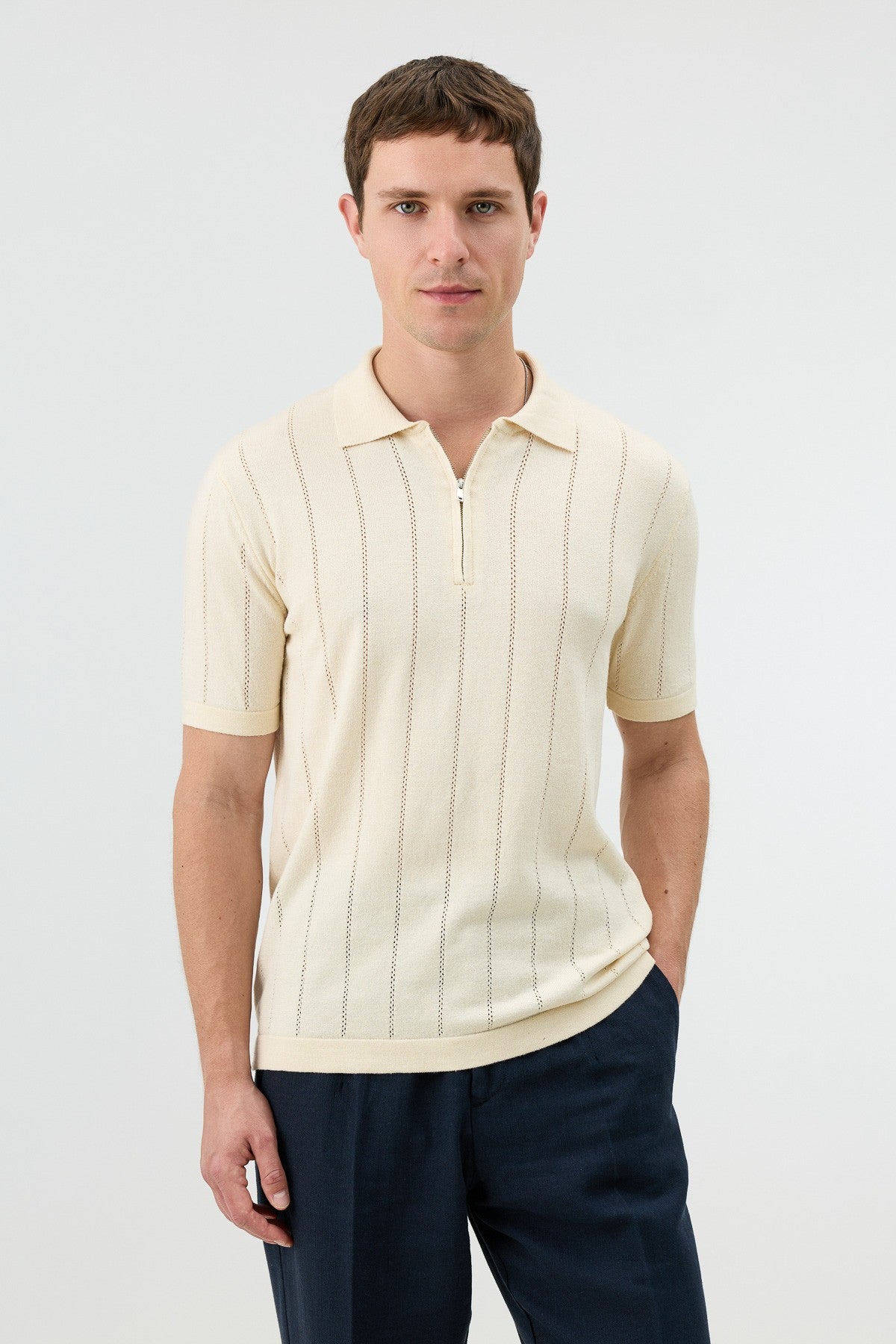 Antioch Zip-Up Collar Striped Knit Men's T-Shirt