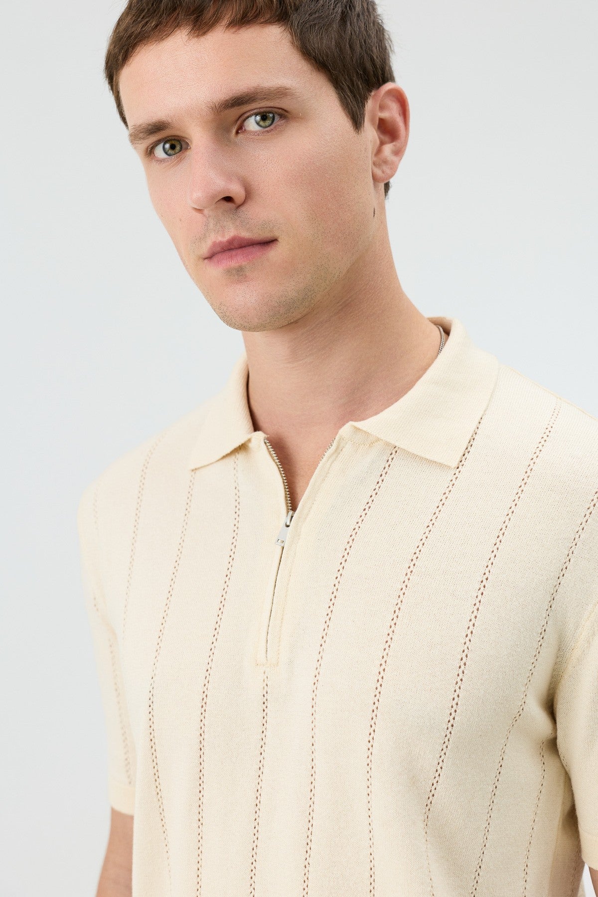 Antioch Zip-Up Collar Striped Knit Men's T-Shirt