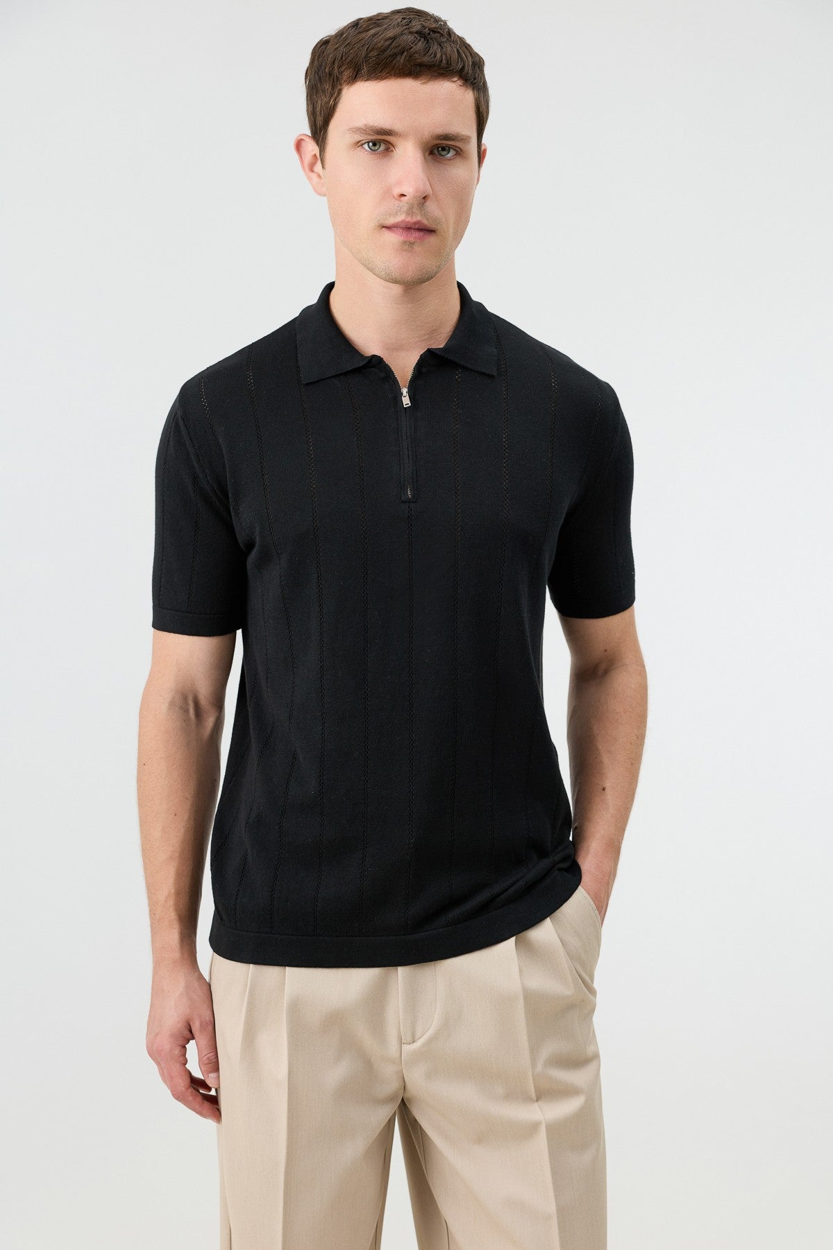 Antioch Zip-Up Collar Striped Knit Men's T-Shirt