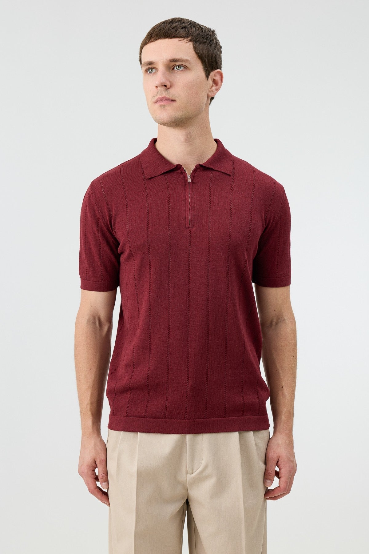 Antioch Zip-Up Collar Striped Knit Men's T-Shirt
