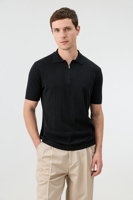 Antioch Zip-Up Collar Striped Knit Men's T-Shirt