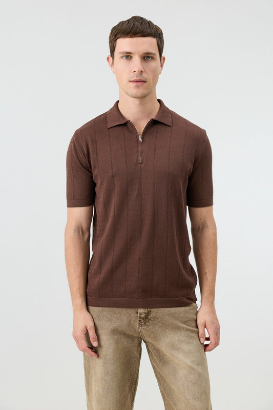 Antioch Zip-Up Collar Striped Knit Men's T-Shirt