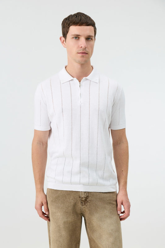 Antioch Zip-Up Collar Striped Knit Men's T-Shirt