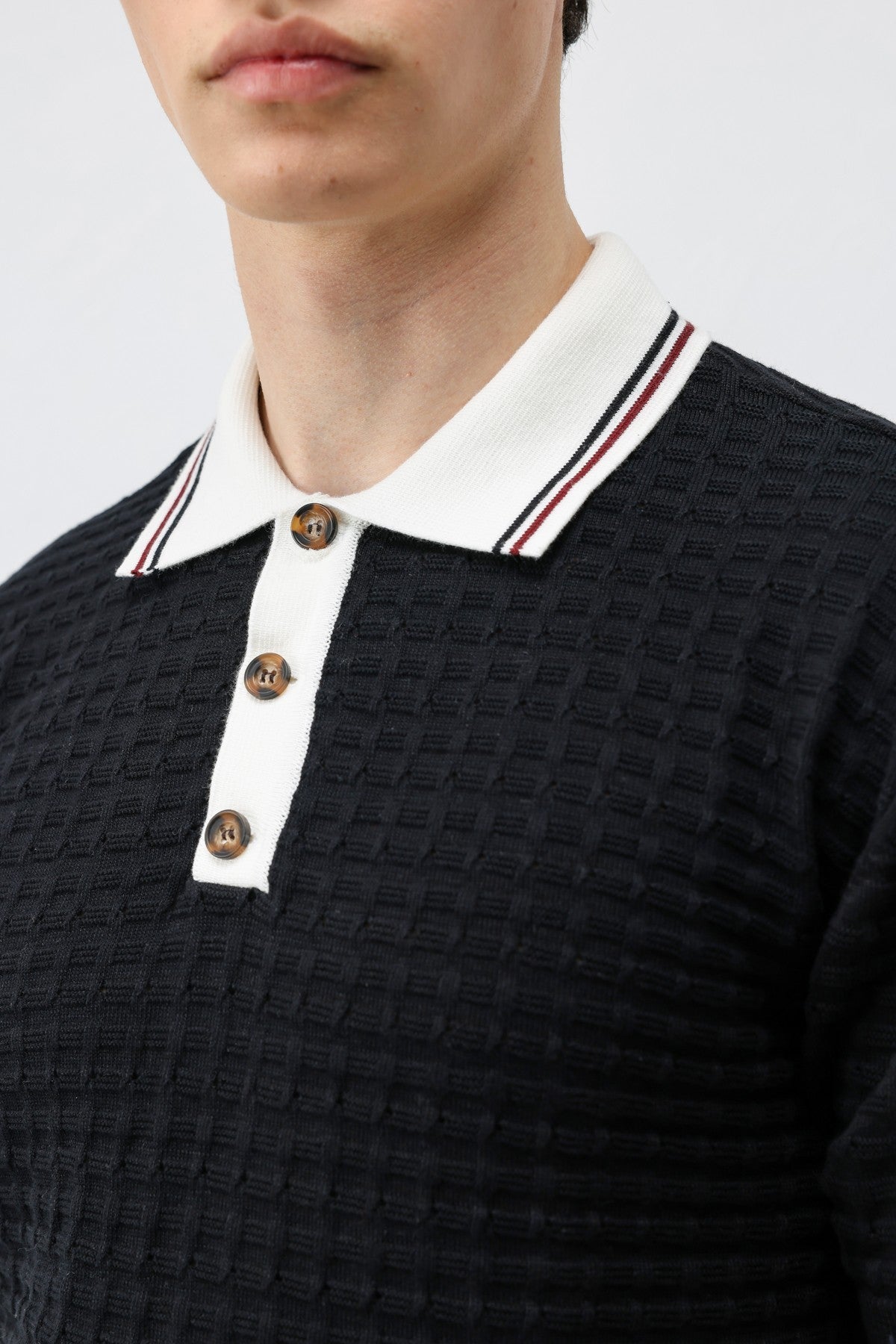 Cotton-Blend Textured Polo Neck Sweater
