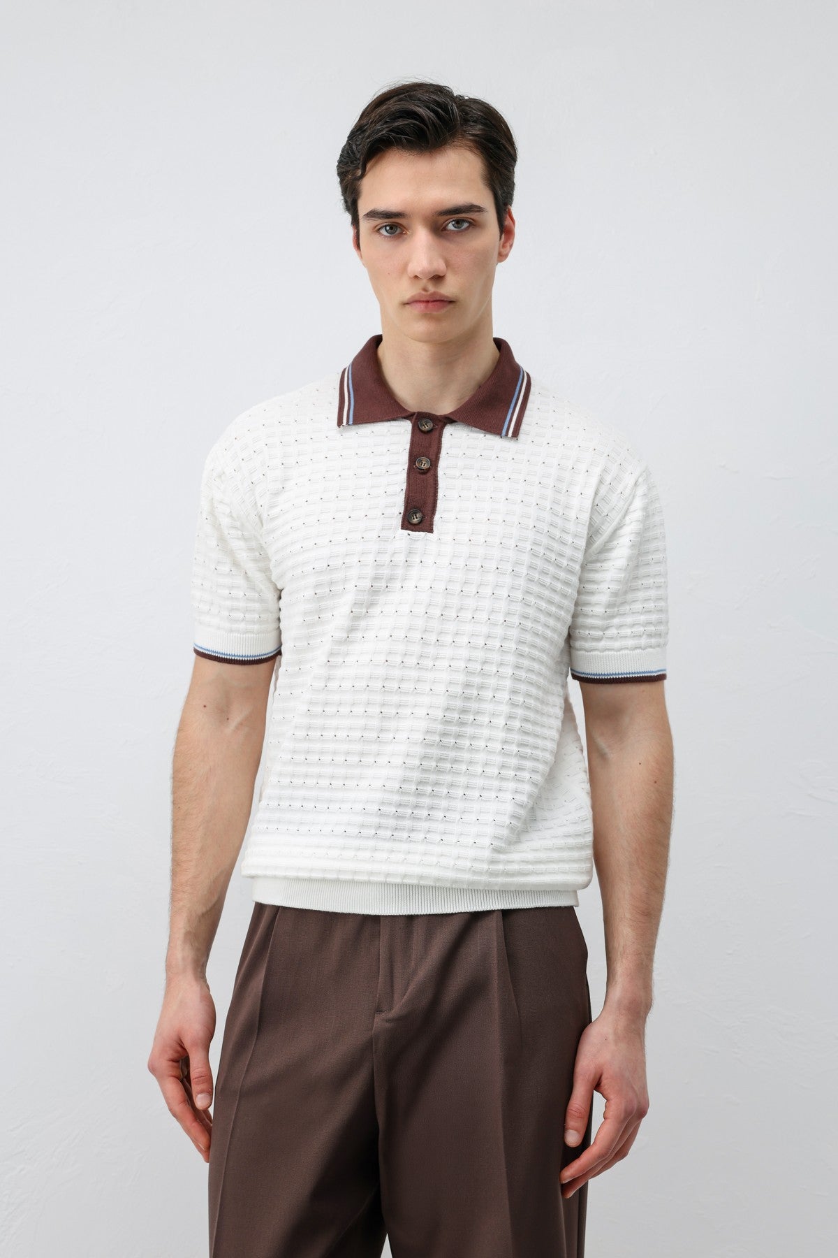 Cotton-Blend Textured Polo Neck Sweater