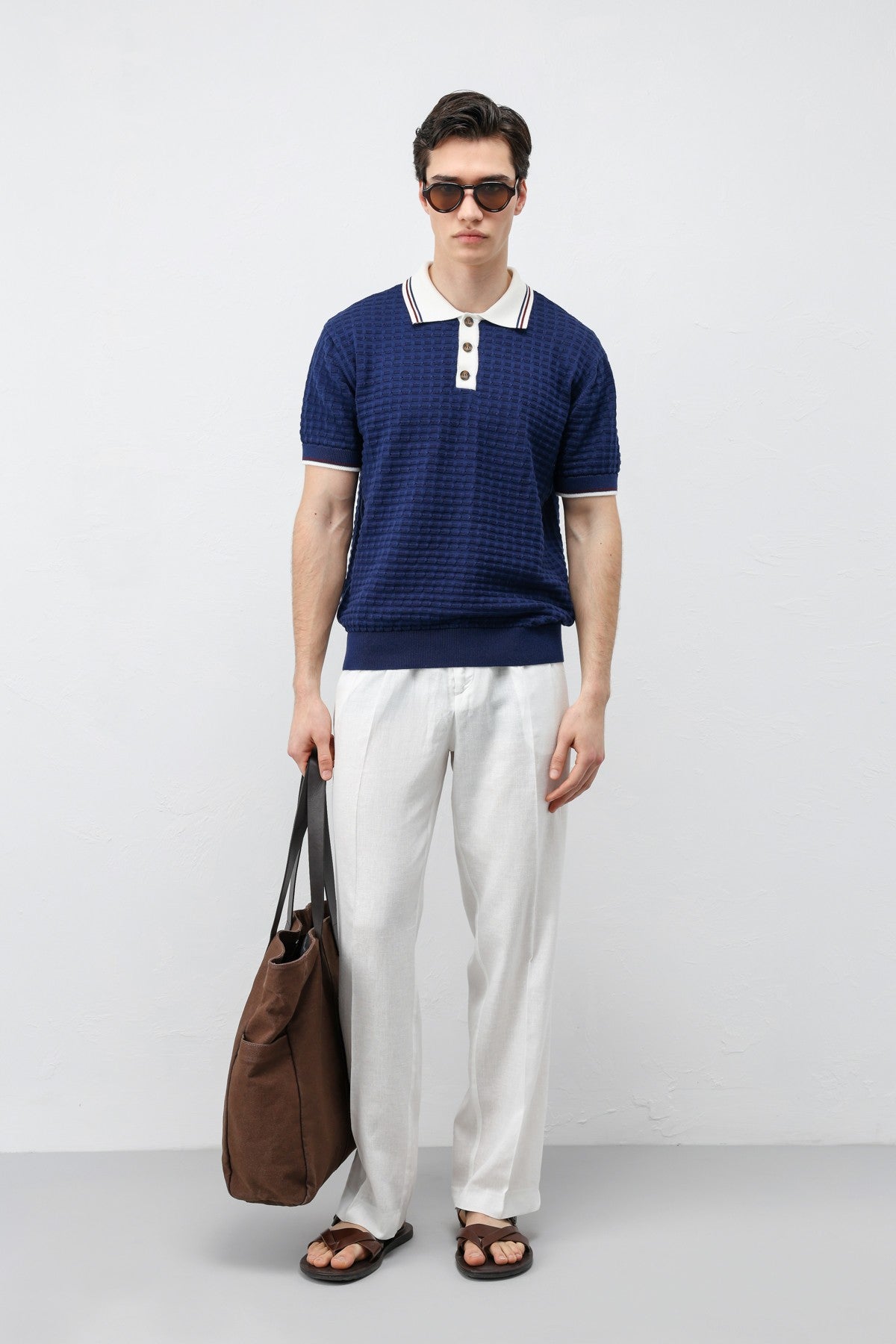 Cotton-Blend Textured Polo Neck Sweater