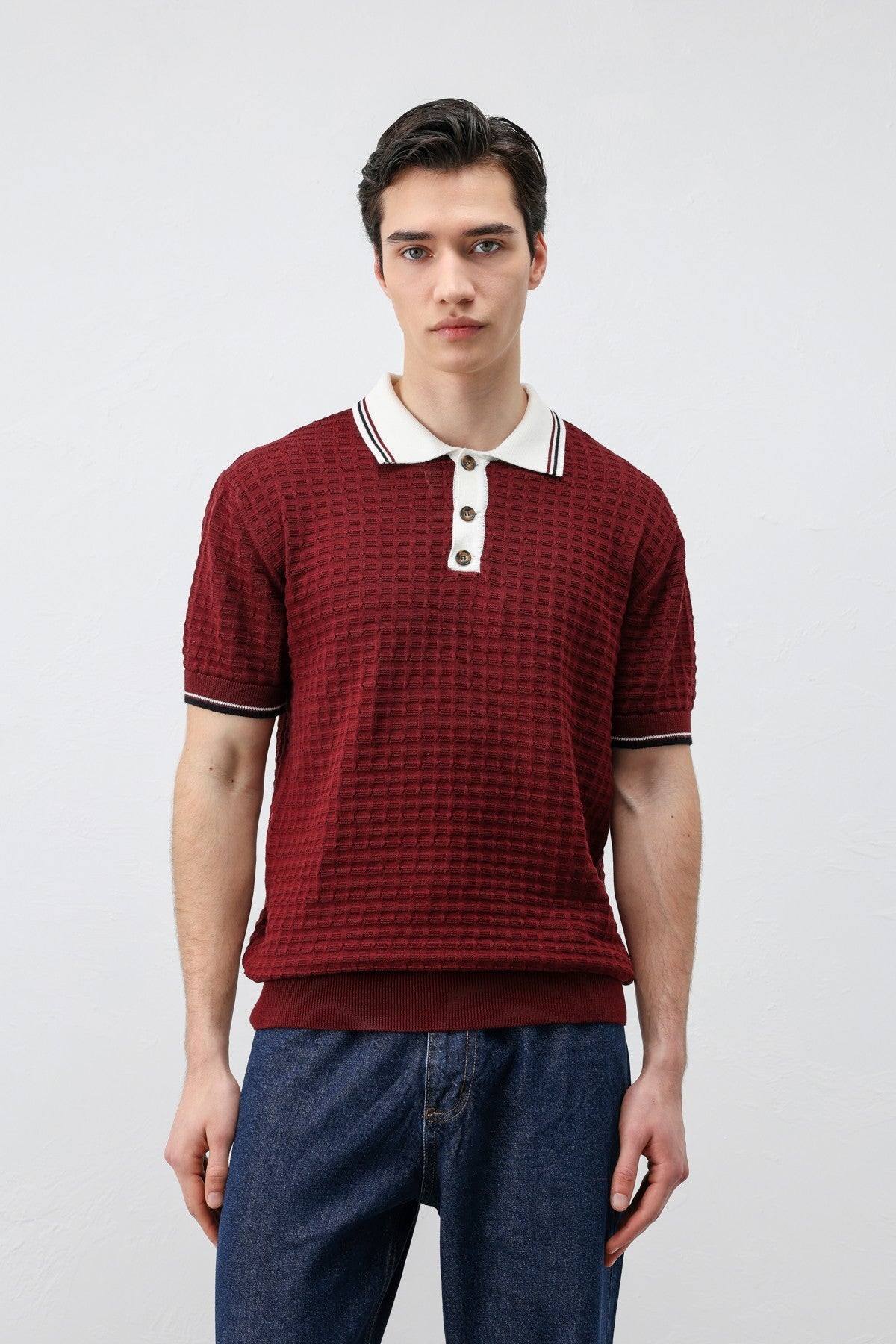 Cotton-Blend Textured Polo Neck Sweater