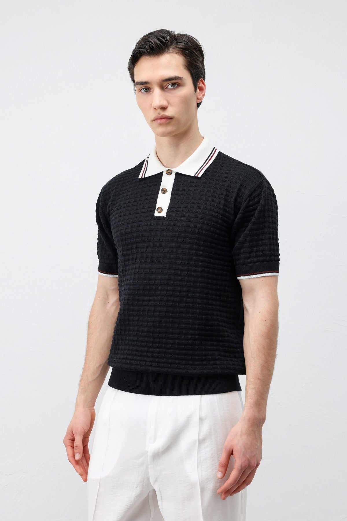 Cotton-Blend Textured Polo Neck Sweater
