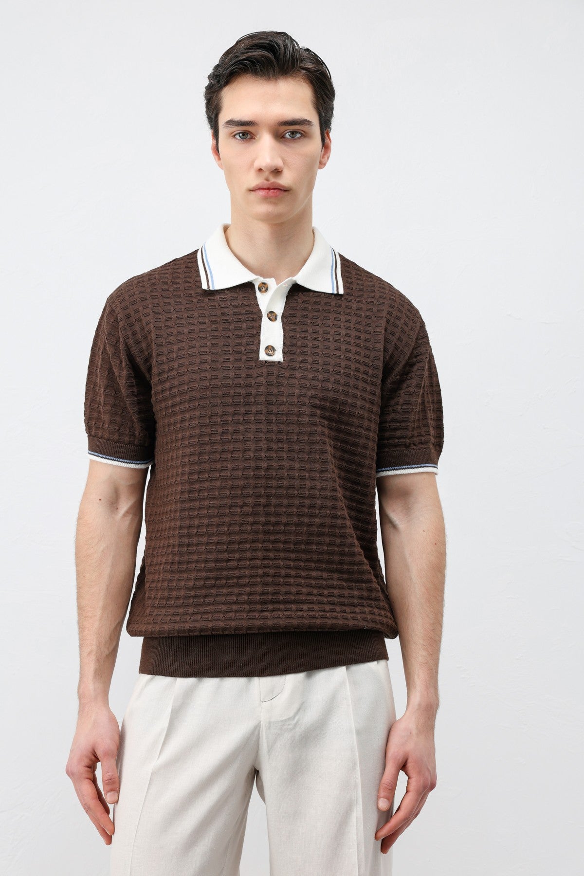 Cotton-Blend Textured Polo Neck Sweater