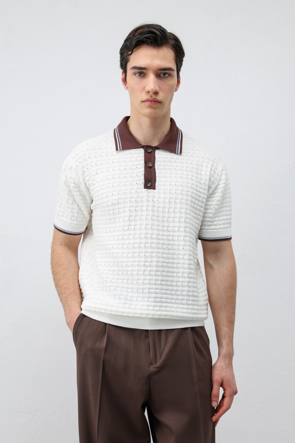 Cotton-Blend Textured Polo Neck Sweater