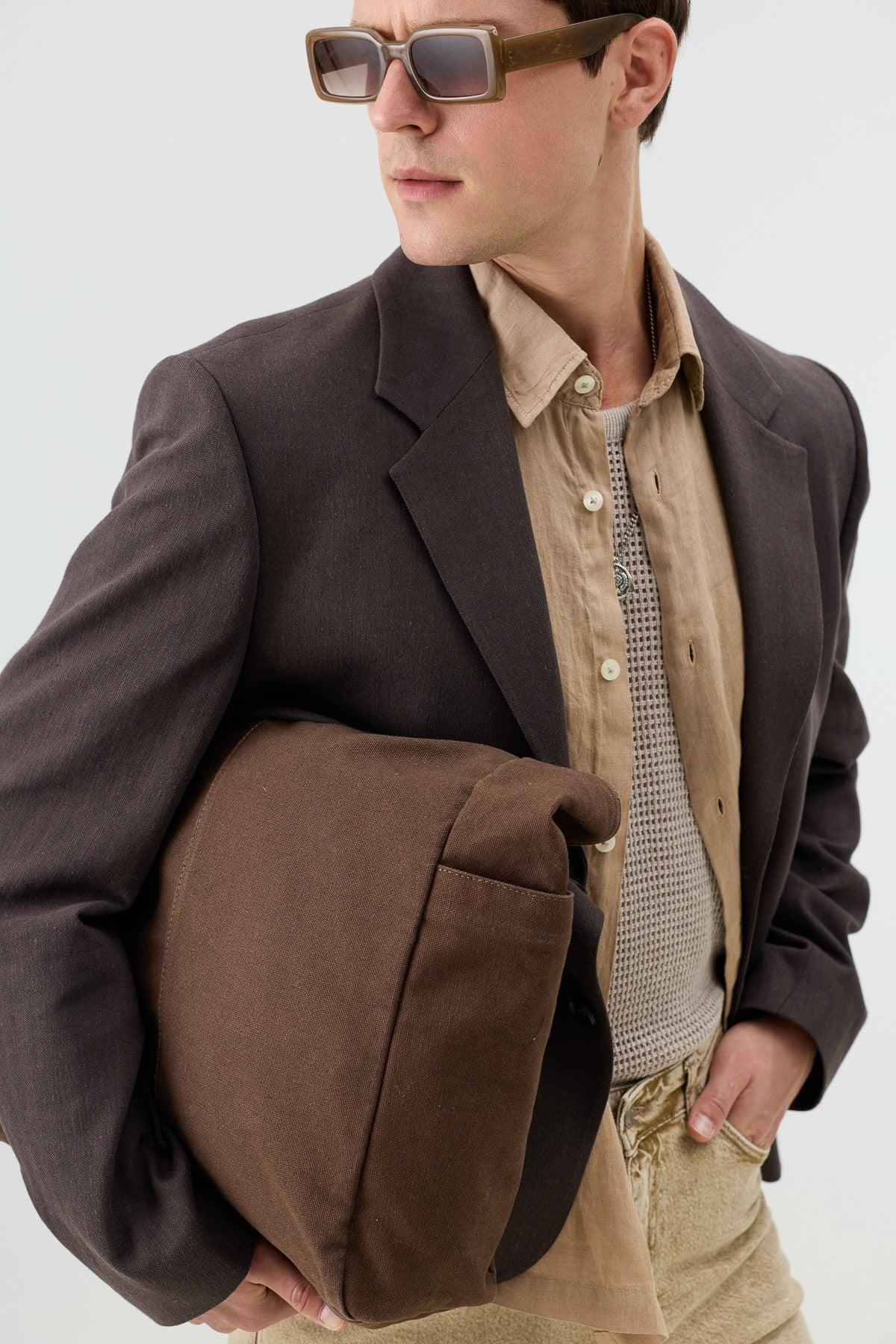 Men's Blazer Jacket with Herringbone Pattern in a Linen-Blend Fabric from Antioch
