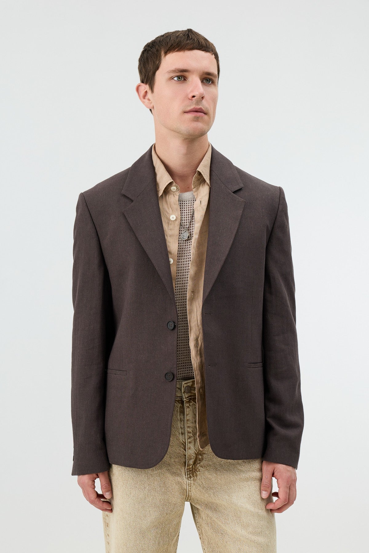 Men's Blazer Jacket with Herringbone Pattern in a Linen-Blend Fabric from Antioch