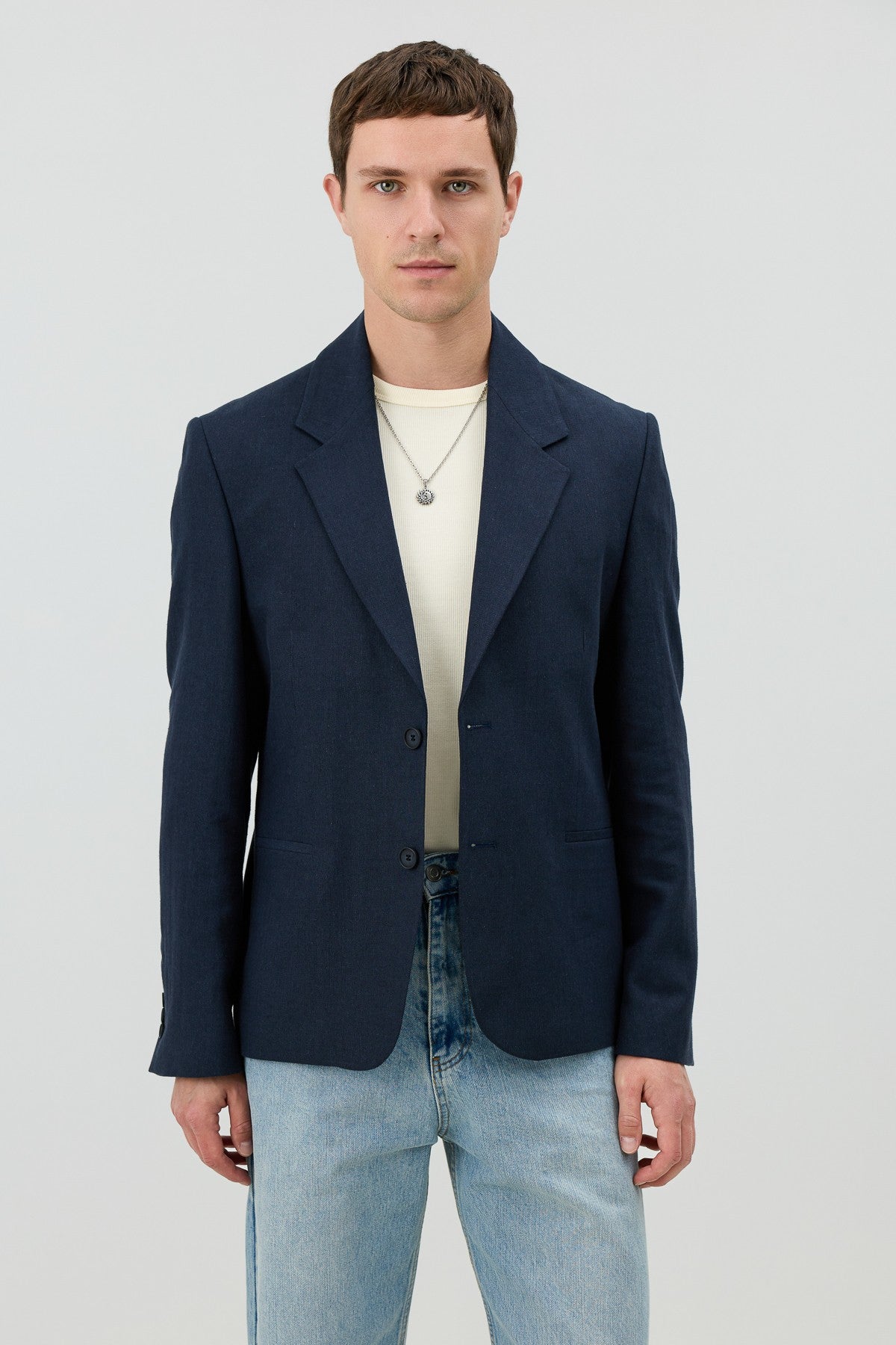 Men's Blazer Jacket with Herringbone Pattern in a Linen-Blend Fabric from Antioch