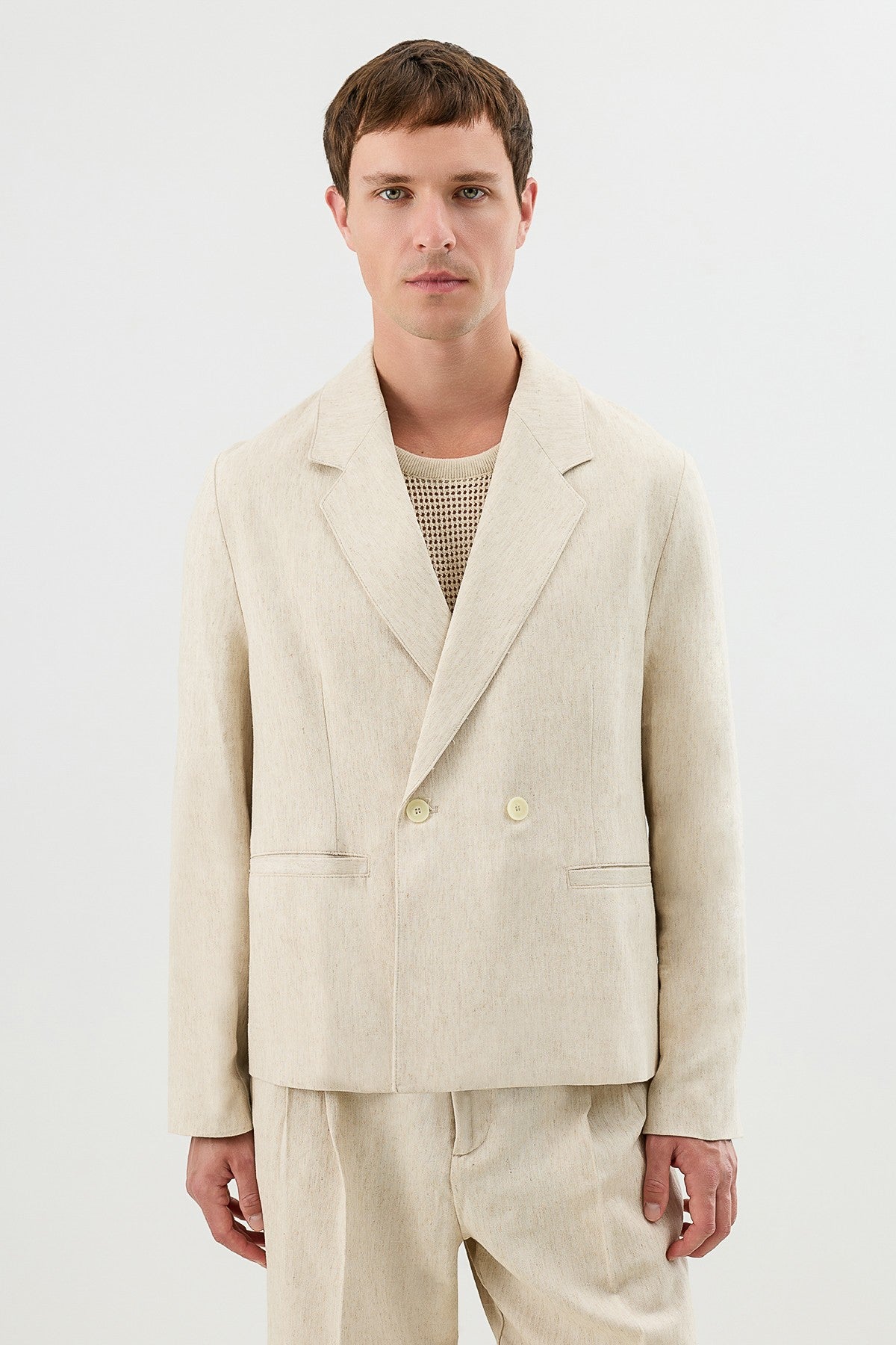 Linen-Blend Double-Breasted Relaxed-Fit Jacket