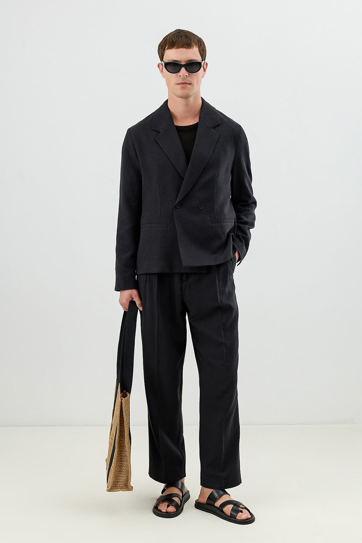Linen-Blend Double-Breasted Relaxed-Fit Jacket