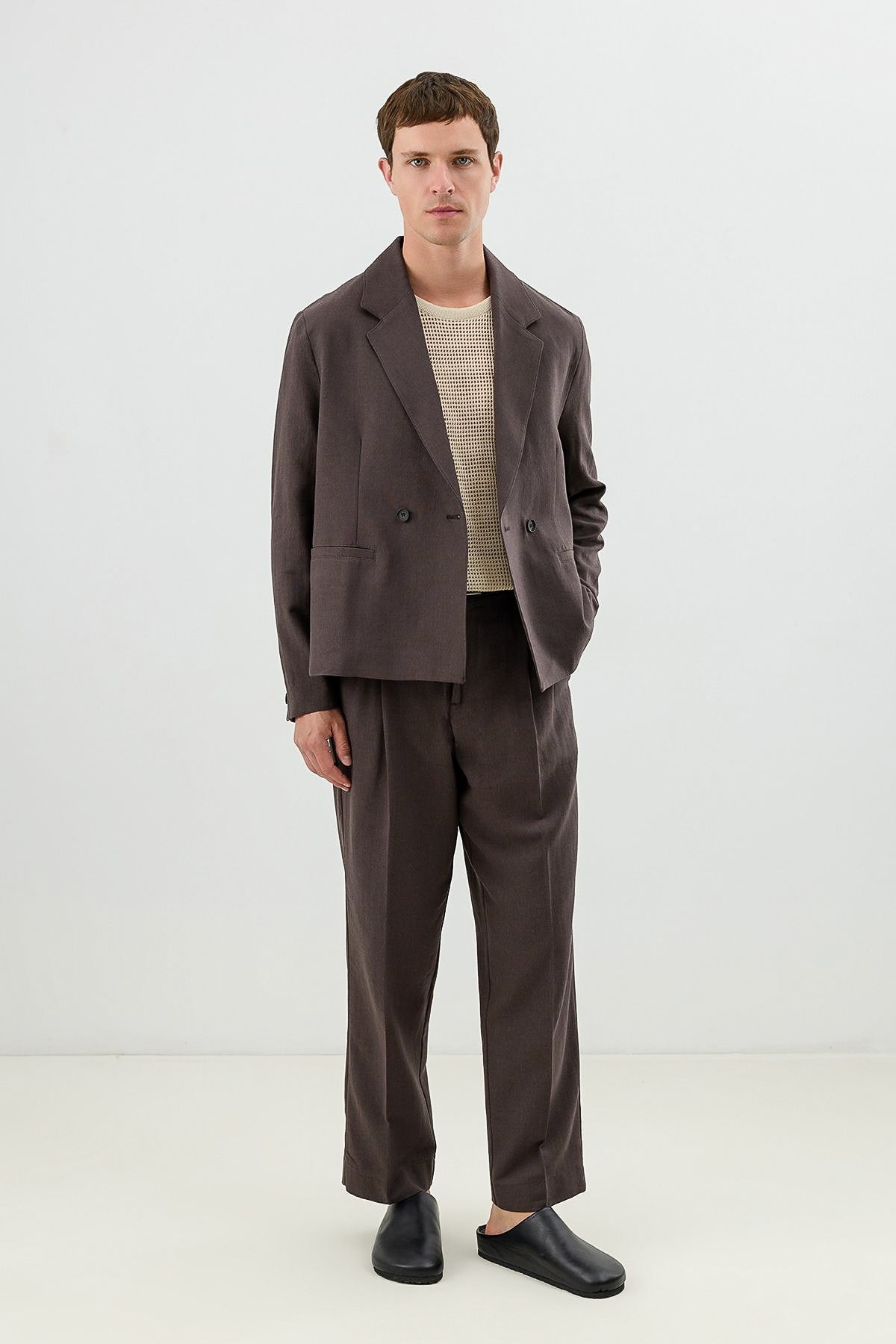 Linen-Blend Double-Breasted Relaxed-Fit Jacket
