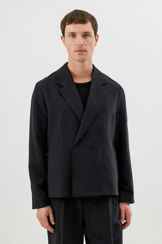 Linen-Blend Double-Breasted Relaxed-Fit Jacket
