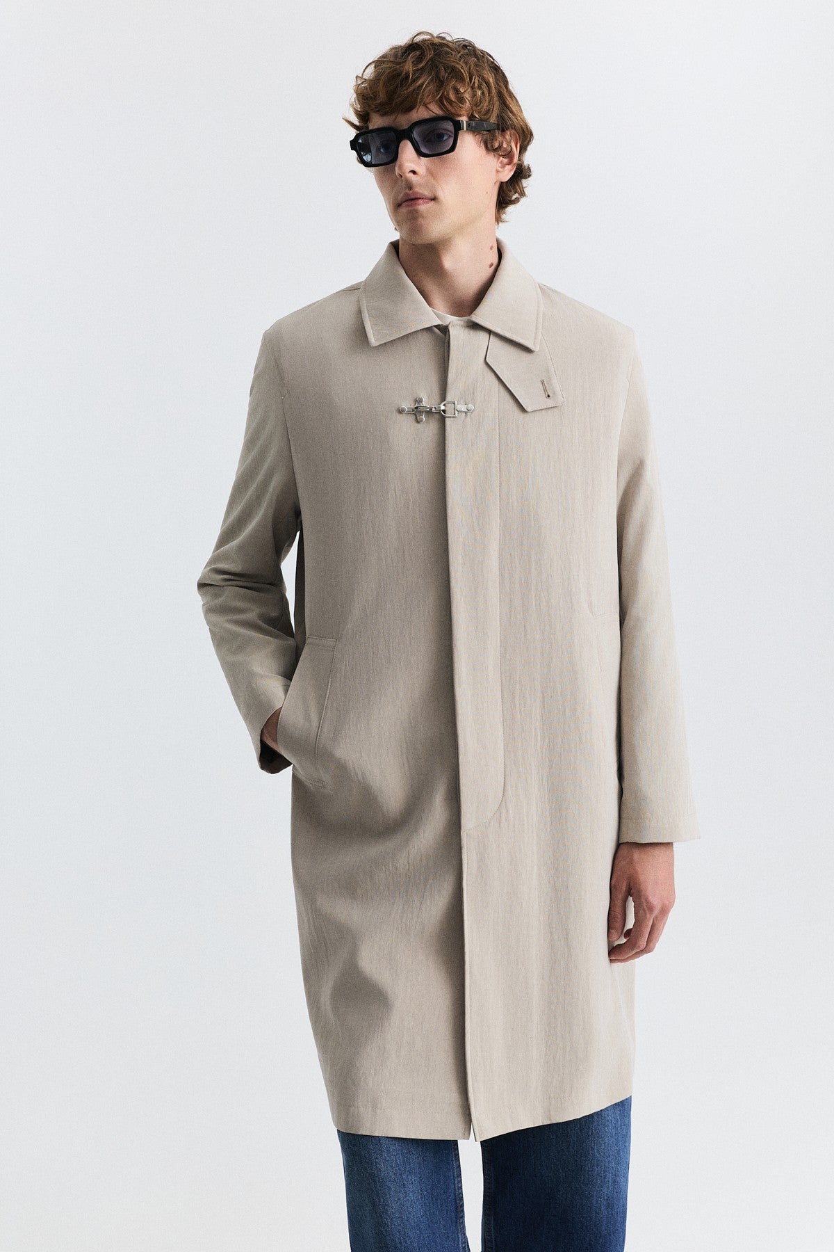 Stand-Up Collar Trench Coat with Metal Buttons