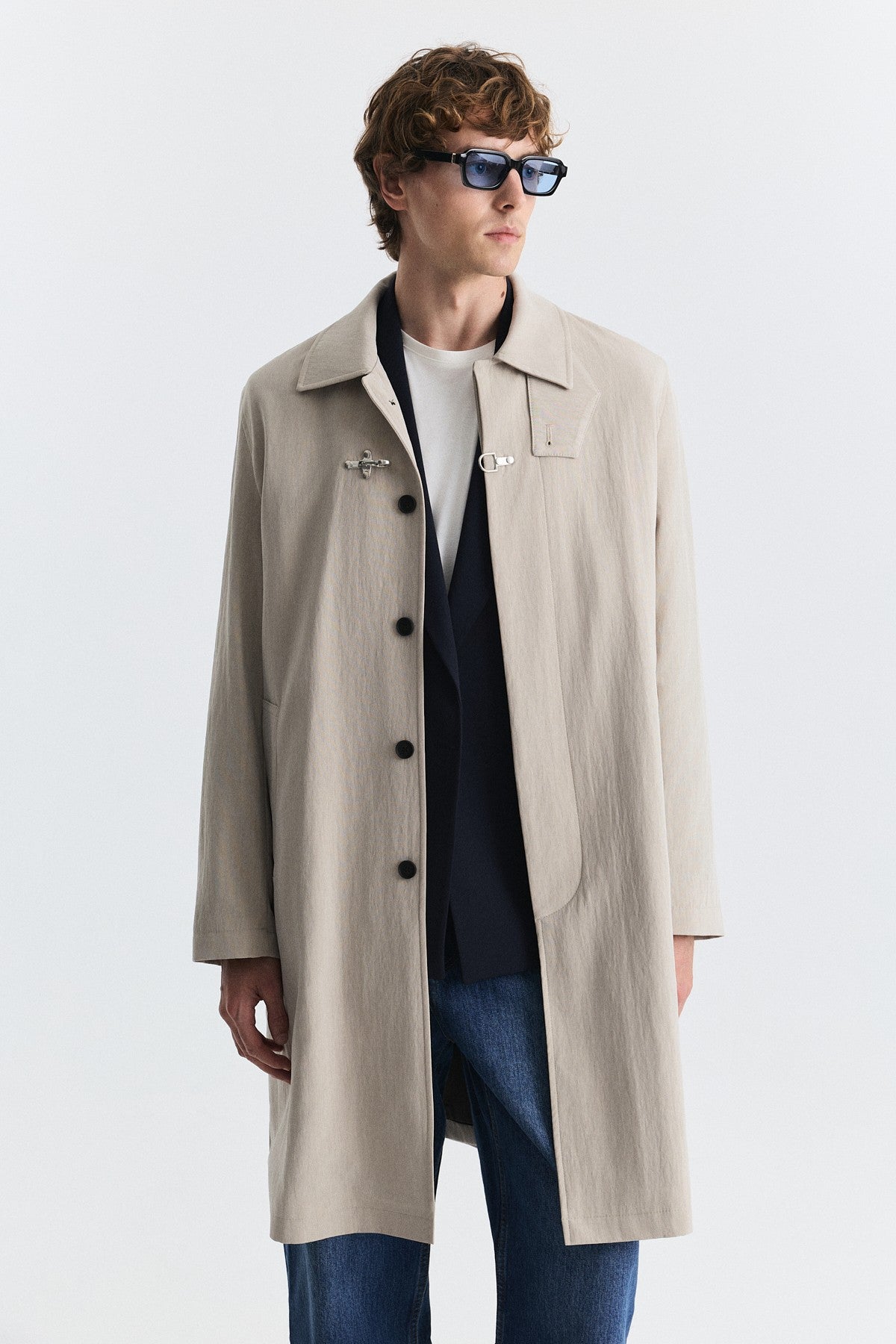 Stand-Up Collar Trench Coat with Metal Buttons