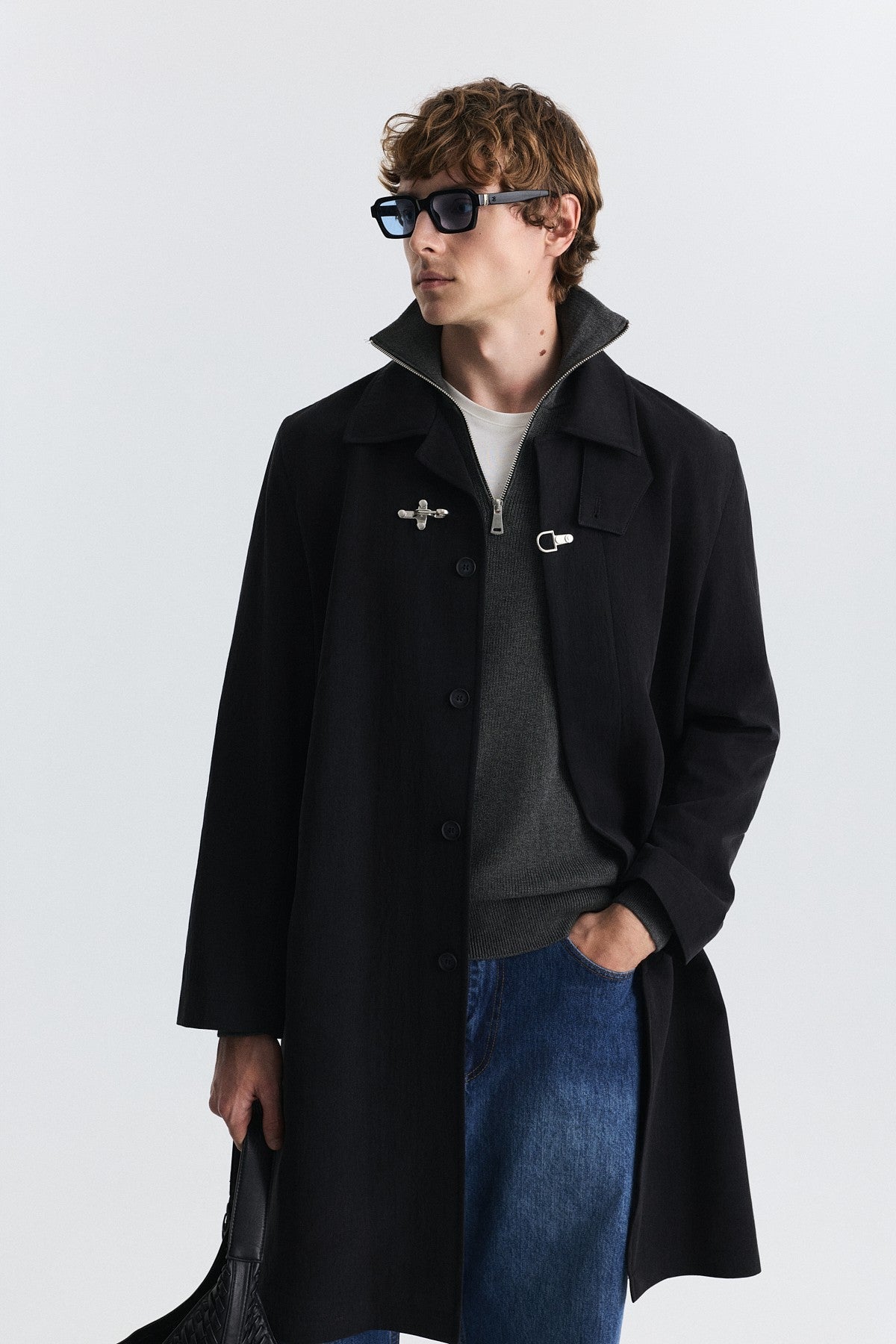 Stand-Up Collar Trench Coat with Metal Buttons